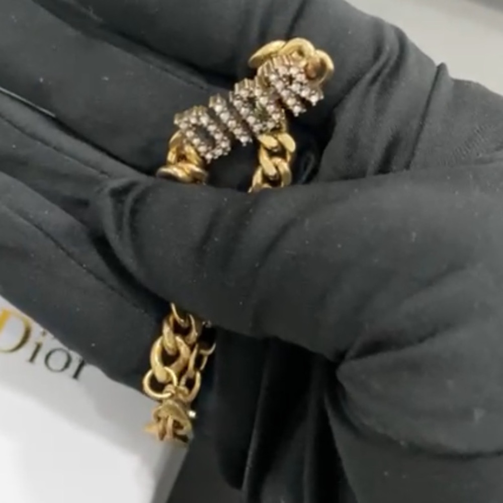 Christian Dior Gold Plated Crystal Logo Bracelet Curb Chain 6-8” Lobster Clasp - Picture 7 of 7